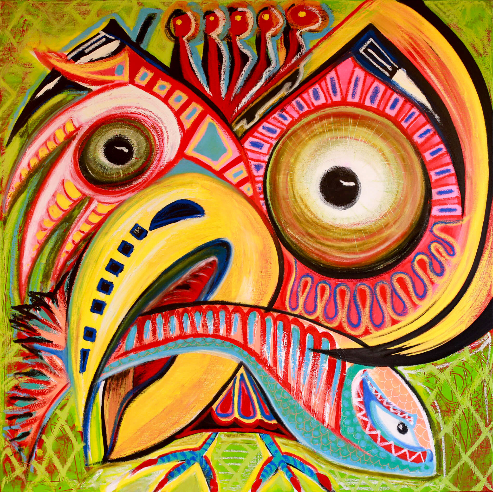 Eule mit Fisch
Acyl auf Leinwand 100x100